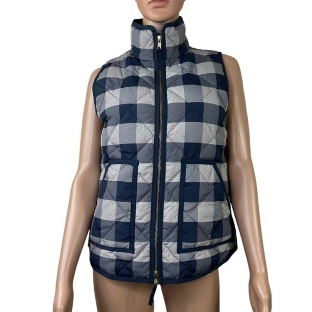 J. Crew Womens XS Excursion Down Fill Zip Puffer Vest Navy Blue Gray Check